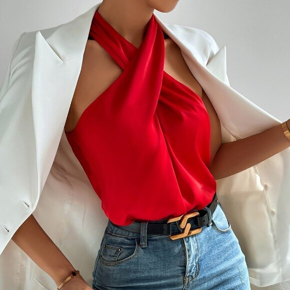 Red Casual Women's Solid Cross Front Backless Halter Top - Picture 6 of 6
